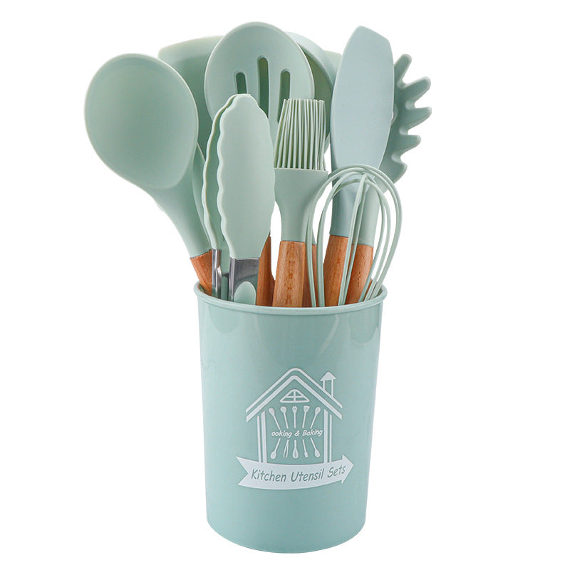 Storage barreled wooden handle silicone kitchen utensils 11 sets of silicone kitchen utensils set non-stick pot spatula spoon set