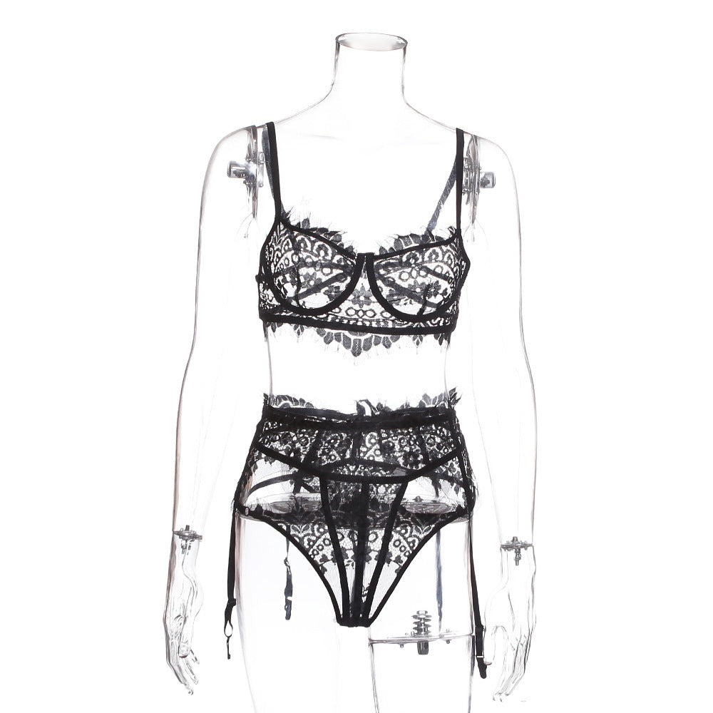 Lace passion sexy perspective pure erotic underwear three-piece set