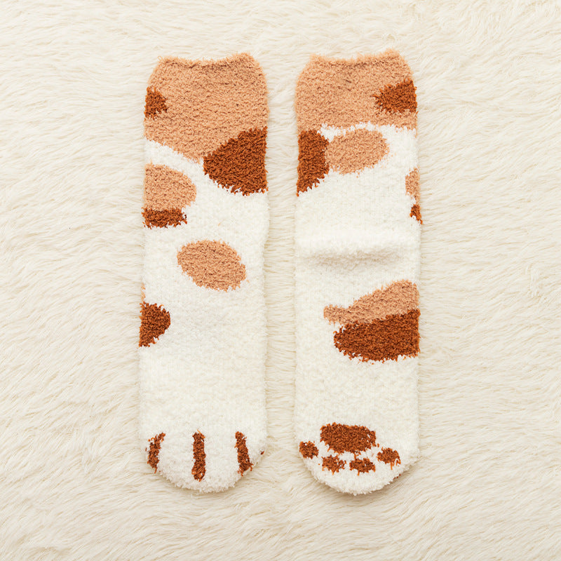 Coral fleece mid-tube socks women's thickened warm cartoon cat claw socks sweet floor socks confinement sleep socks