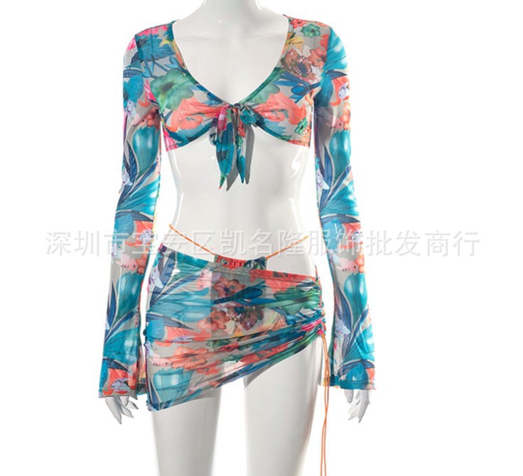 European and American printed umbilical long-sleeved irregular drawstring miniskirt suit