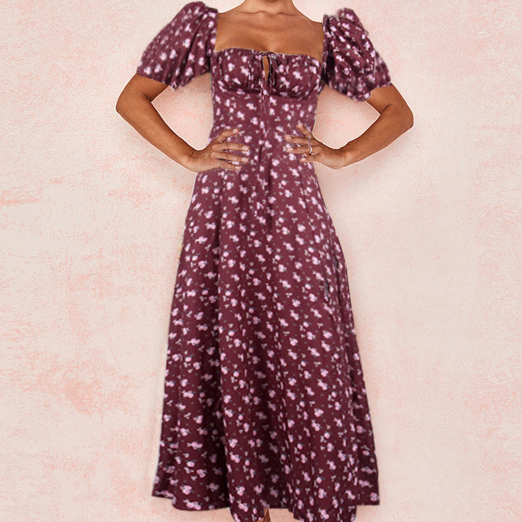 European and American cross-border square tie irregular sexy floral dress