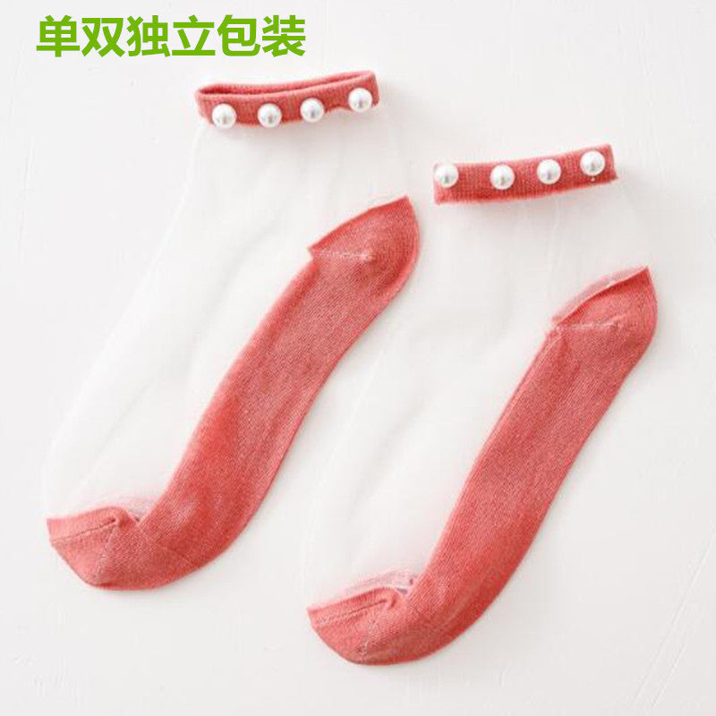 Female thin pearl socks lace lace net red shallow mouth socks fashion crystal summer cotton bottom ins tide