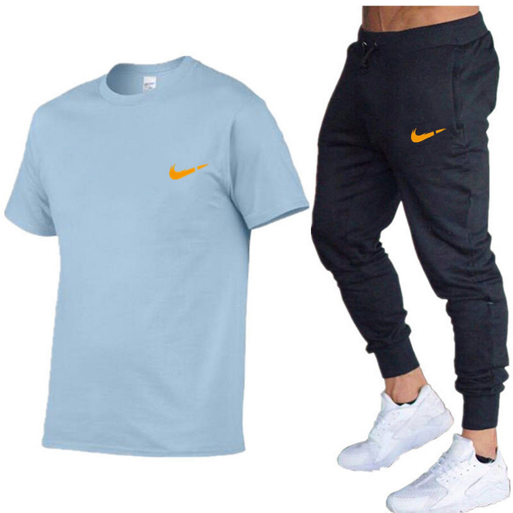 European and American men's running casual short-sleeved T-shirt + sports trousers two-piece jogging suit