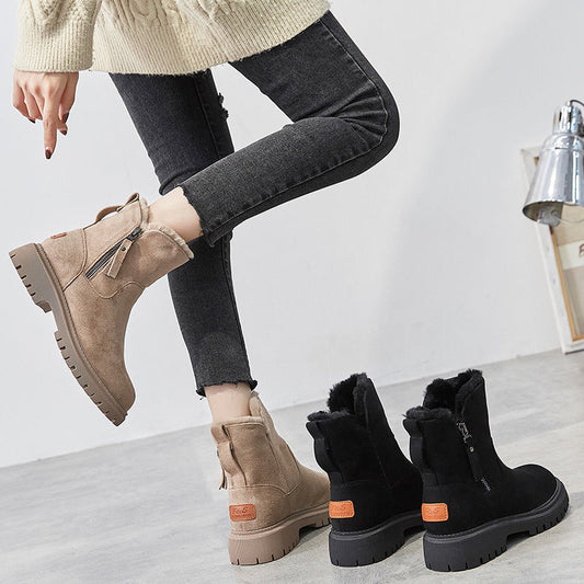 winter new mid-tube plus velvet thick warm cotton shoes and fur all-in-one women's boots