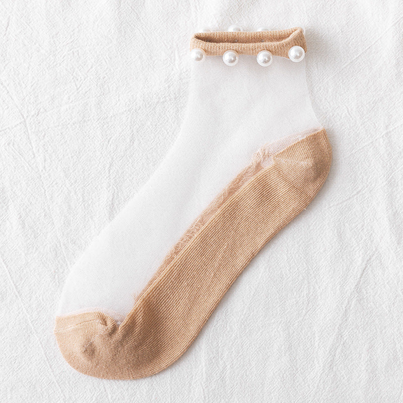 Pearl transparent glass silk women's socks thin Korean cotton socks card silk boat socks vibrato stall