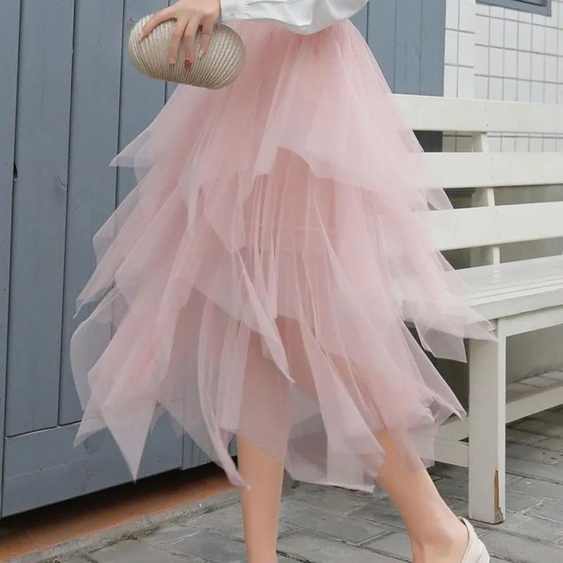 European and American irregular hem irregular mesh stitching fluffy skirt high waist gauze skirt fairy mid-length skirt