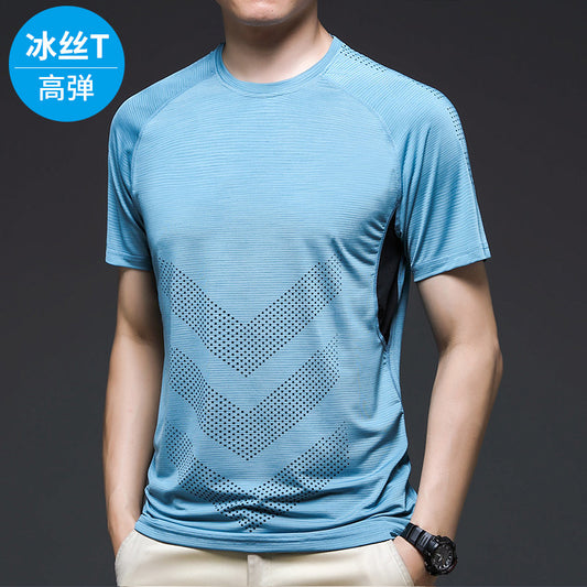 Ice silk short-sleeved summer running sports men's elastic quick-drying clothes fitness track and field bottoming basketball training clothes t-shirt