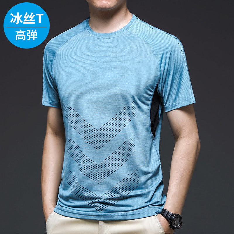 Ice silk short-sleeved summer running sports men's elastic quick-drying clothes fitness track and field bottoming basketball training clothes t-shirt