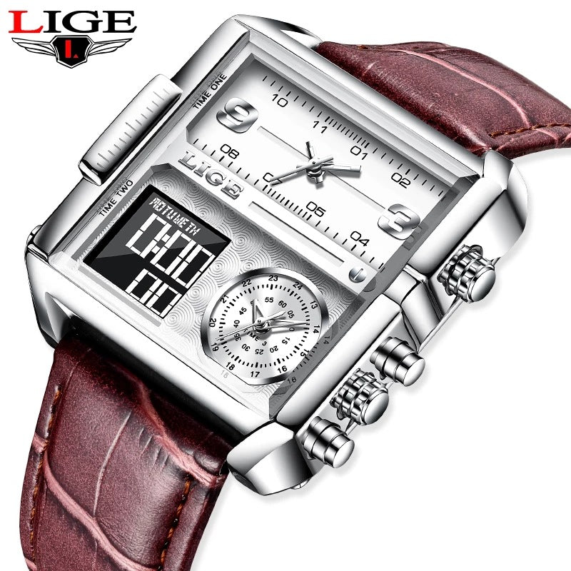 LIGE new electronic quartz dual display watch men's waterproof watch multi-function electronic watch quartz watch