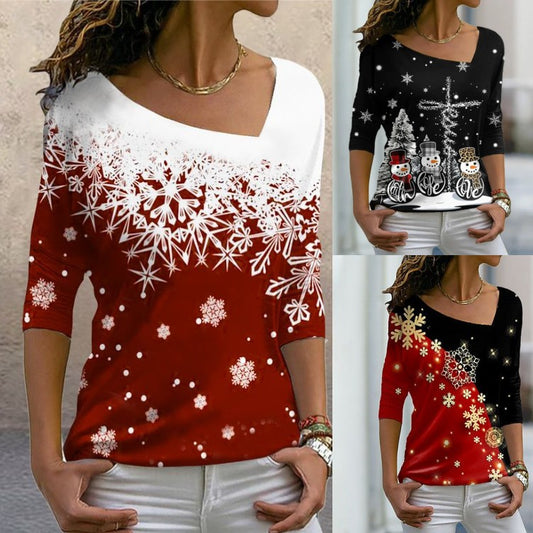 Christmas women's clothing new Christmas elements printed long-sleeved slanted collar pullover ladies T-shirt