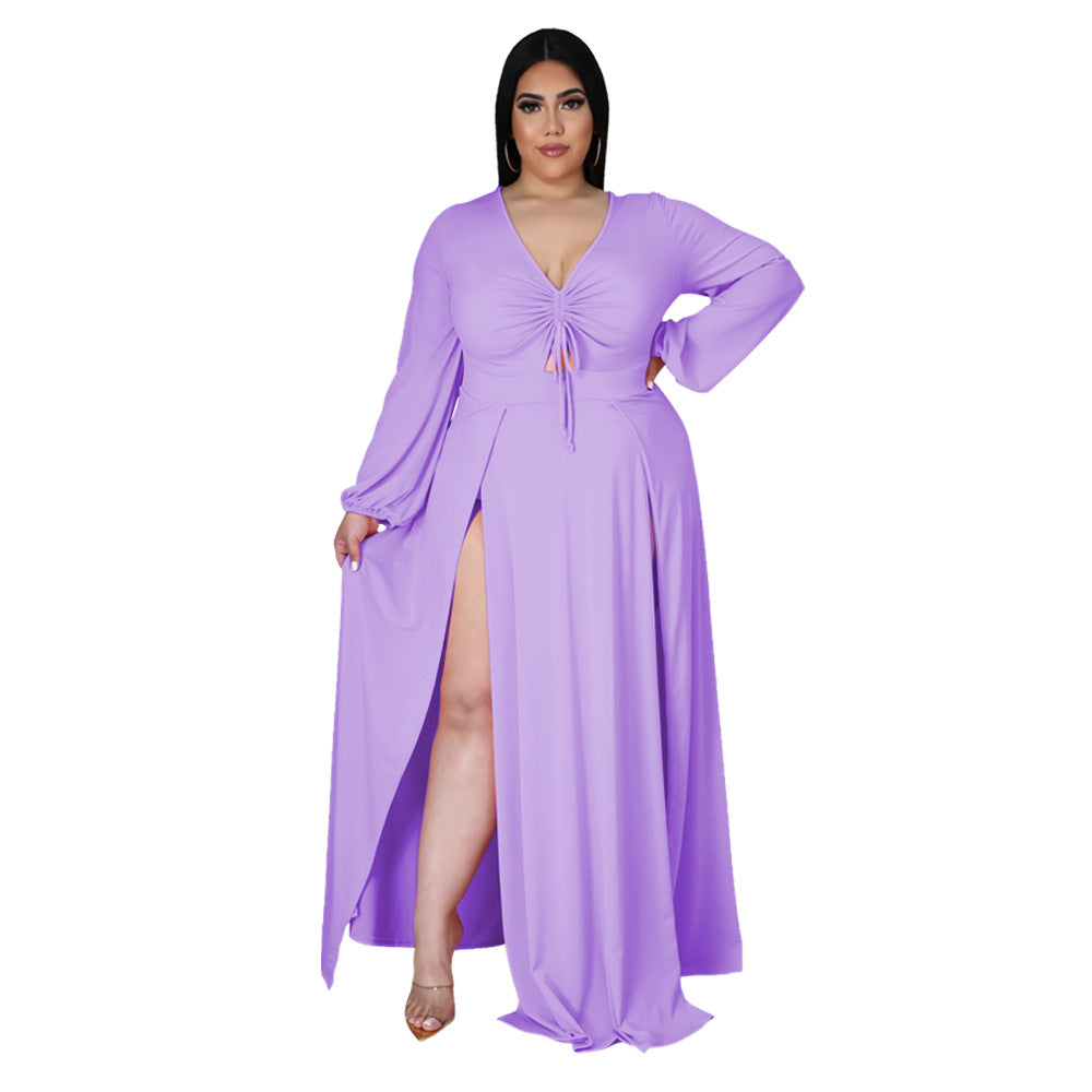 European and American fashion sexy V-neck solid color plus size dress