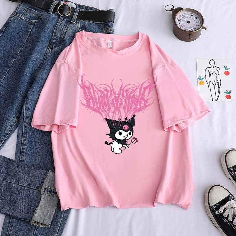 Harajuku cartoon gothic print short-sleeved T-shirt female summer street o neck sweet girl t-shirt