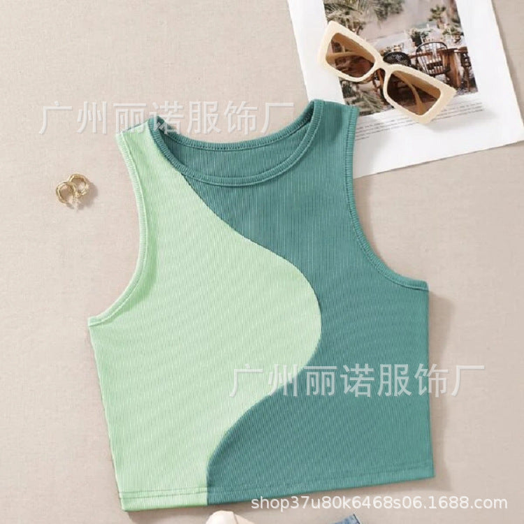 European and American New Ladies Thread Knit Colorblock Sleeveless Sexy T-Shirt