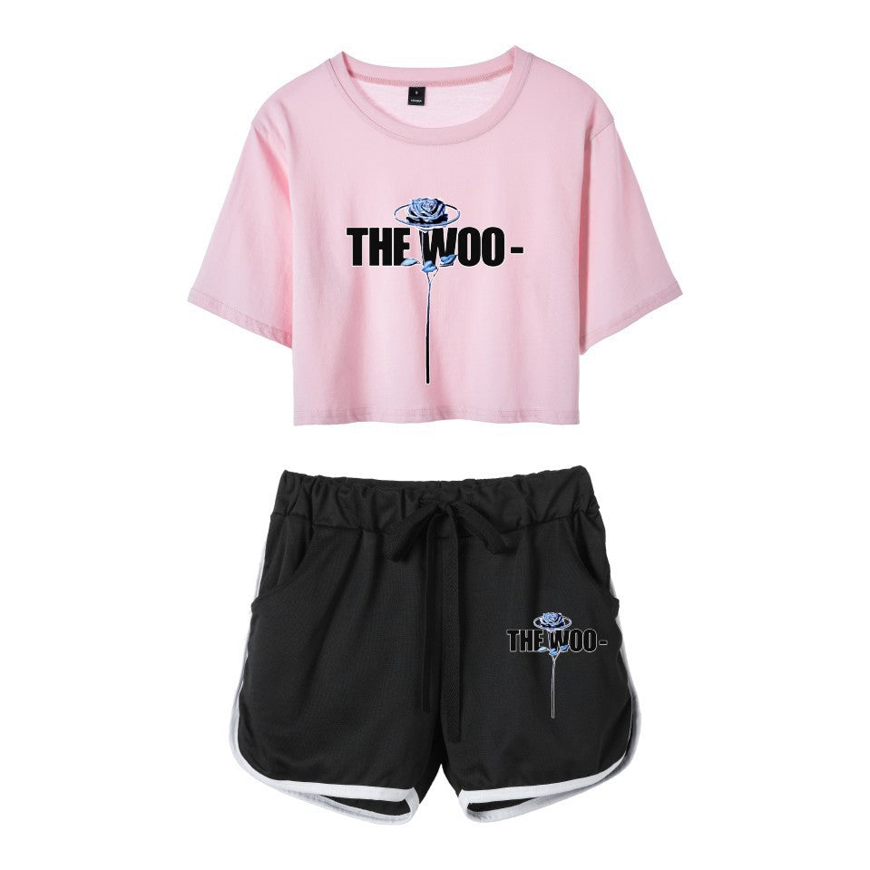 Fashion rapper series around dance cropped navel short-sleeved shorts women's suit T-shirt