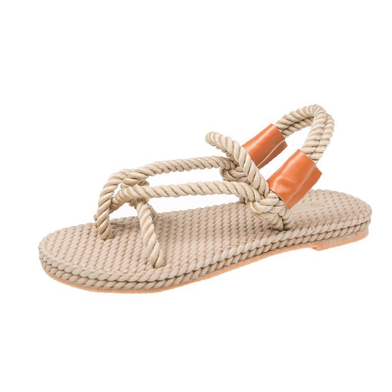 Hemp rope sandals women new style flat women's shoes comfortable set toe cross strap casual beach sandals