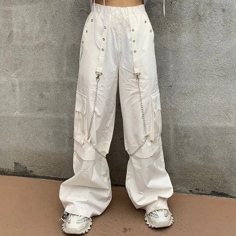 European and American white overalls women's thin mopping wide-leg pants plus size summer punk metal chain hip hop