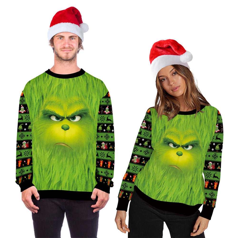 Christmas Grinch Digital Printing Couple Autumn Clothes Round Neck Long Sleeve Sweater Casual Loose Top