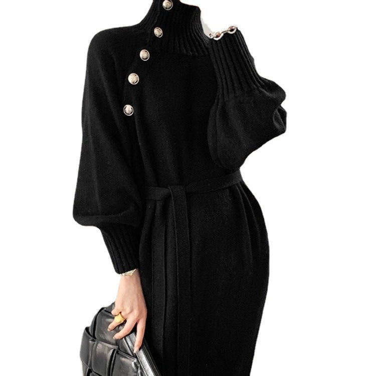 Japanese and Korean lace-up waist knitted dress loose and thin all-match turtleneck long sweater