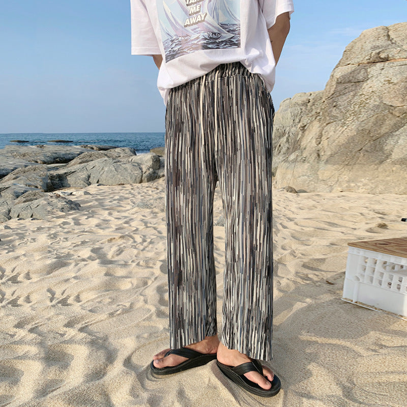 MYQ men's pleated ice silk wide-leg pants Korean drape long pants summer thin large size loose casual pants