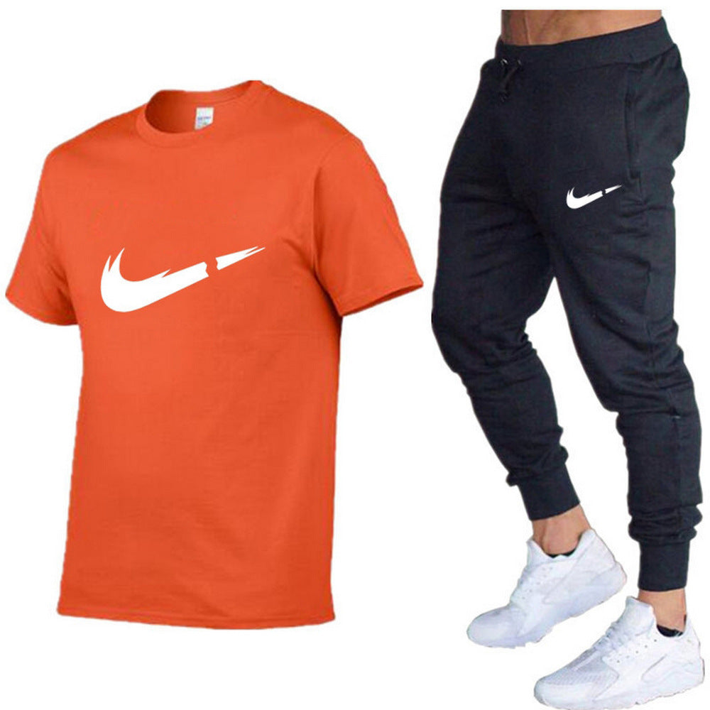 European and American men's running casual short-sleeved T-shirt + sports trousers two-piece jogging suit