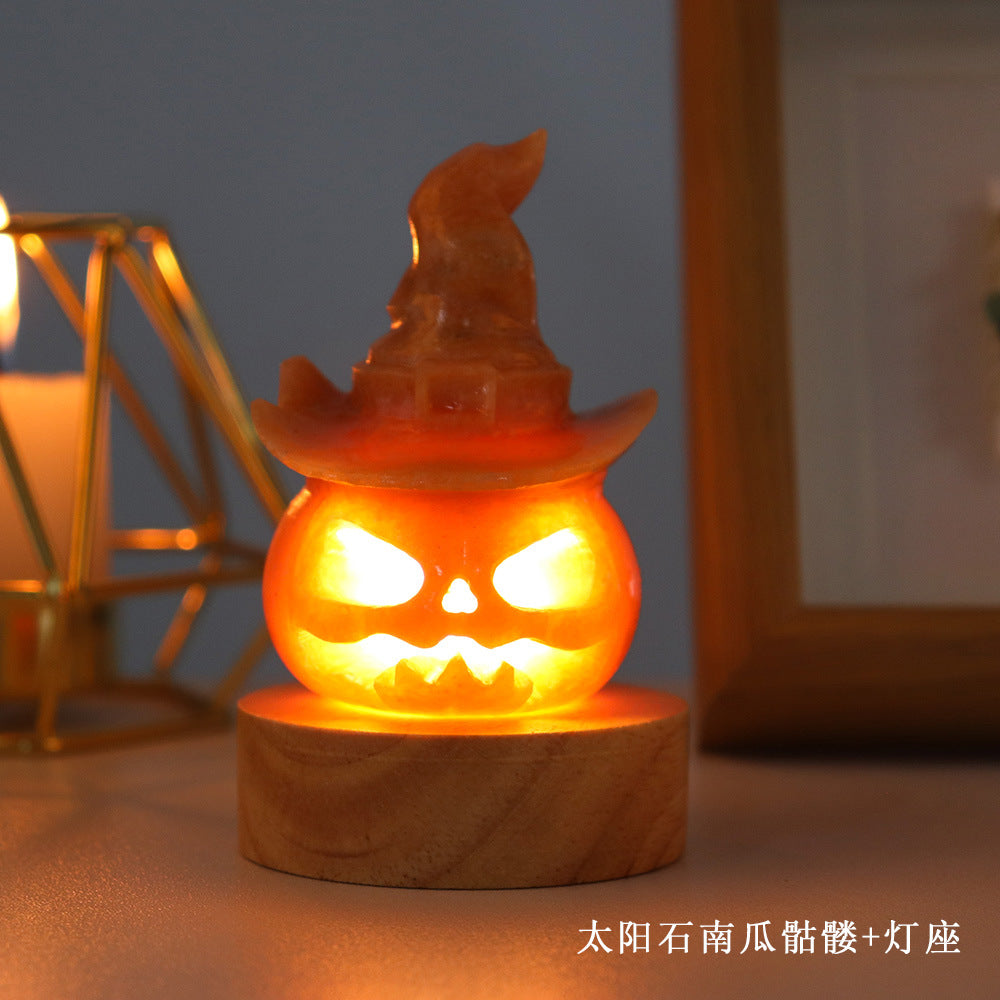 Natural Sunstone Pumpkin head decoration Manual gem carving and hollowing process Halloween decorative lights