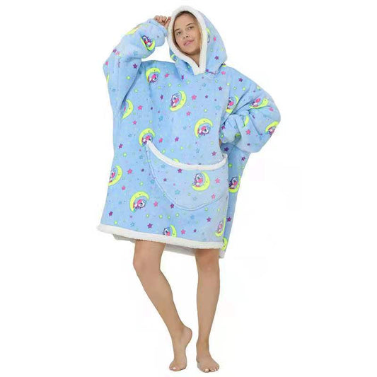Lazy blanket flannel composite lamb wool pullover sweater TV blanket hooded lazy outdoor warm pajamas