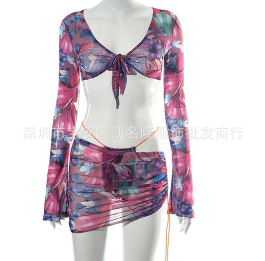 European and American printed umbilical long-sleeved irregular drawstring miniskirt suit