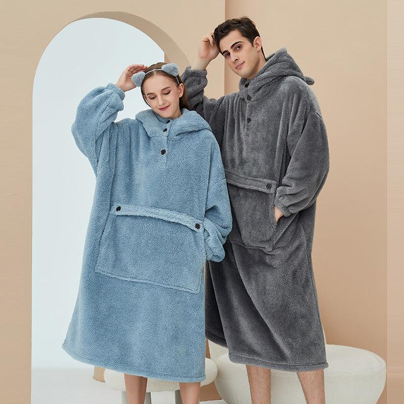 Cross-border pajamas women's autumn and winter flannel nightgown thickened home clothes pullover couple home clothes