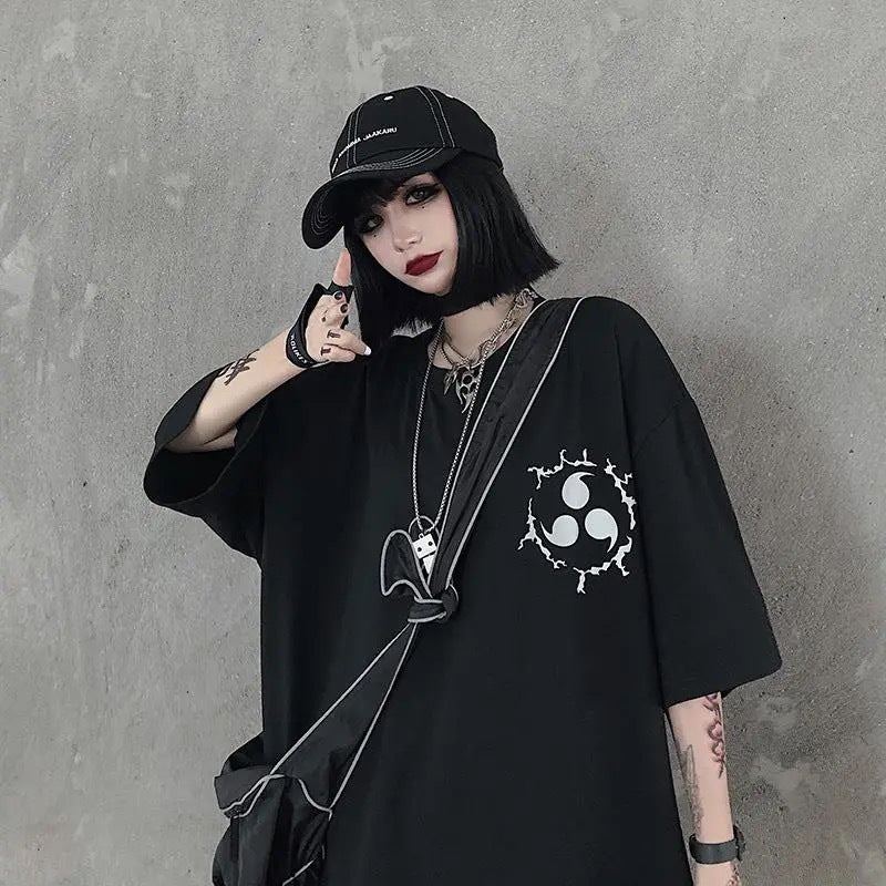 Japanese reflective Harajuku style dark symbol printing loose sleeves T-shirt