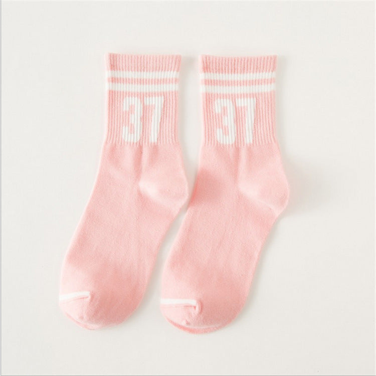 Sports socks tube pure cotton medium thickness couple socks two bars digital student white cotton socks