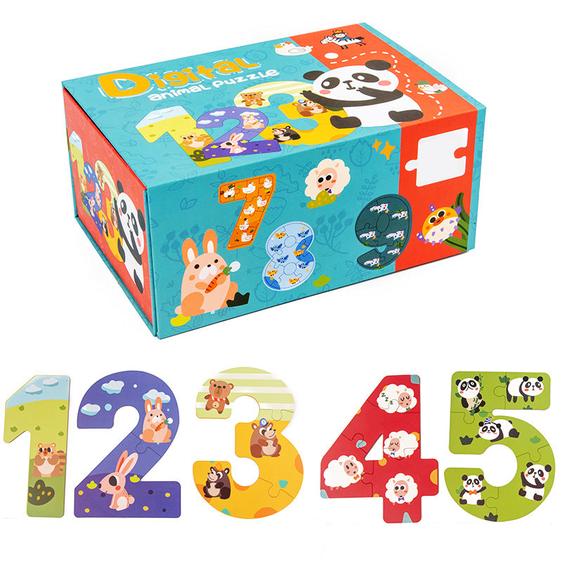 Wooden cartoon intelligence block puzzle digital mother animal cognition advanced building block puzzle 1-3 years old early education toys