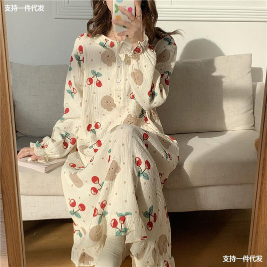 Nightdress women's autumn new small fresh loose long-sleeved small gentle casual pajamas home service