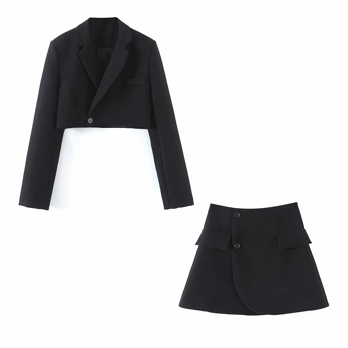 European and American fashion casual suit suit female oblique button short suit jacket + high waist pocket skirt