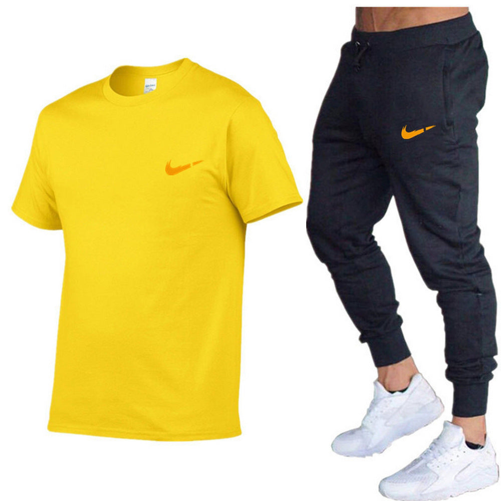 European and American men's running casual short-sleeved T-shirt + sports trousers two-piece jogging suit