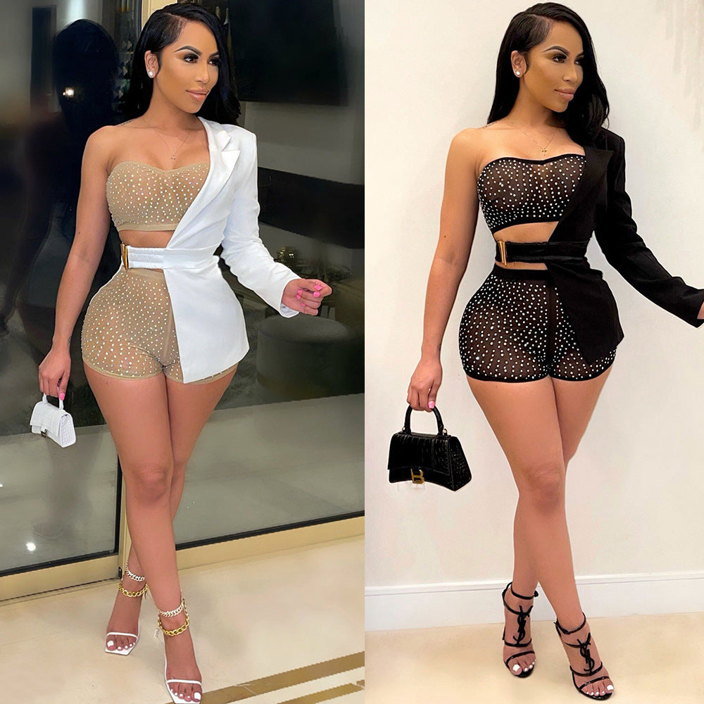 Sexy self-cultivation hot diamond summer hot sale short two-color three-piece suit