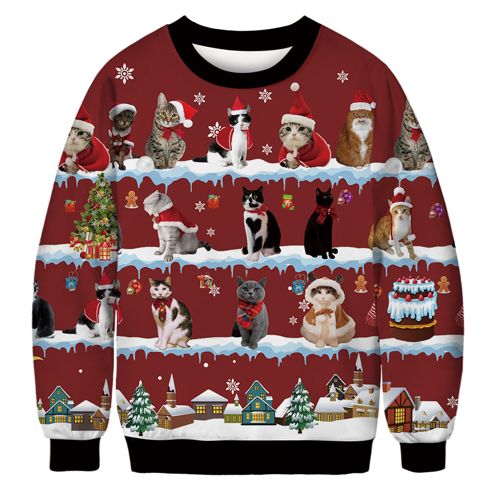 New Christmas cat digital printing couple autumn long-sleeved round neck sweater loose pullover