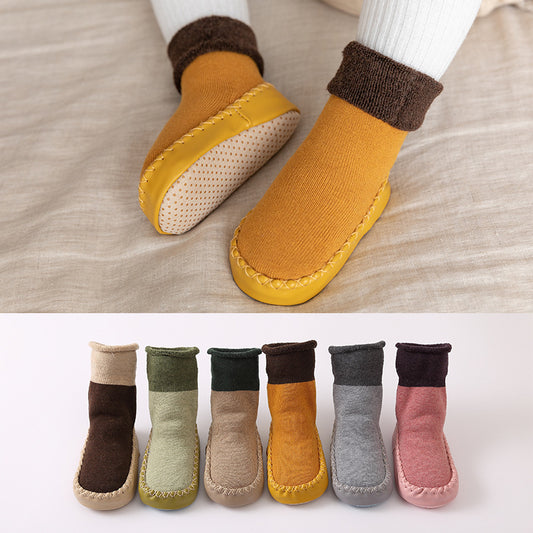 New style combed cotton non-slip solid color baby toddler socks for fall/winter terry plus velvet thickened baby floor socks