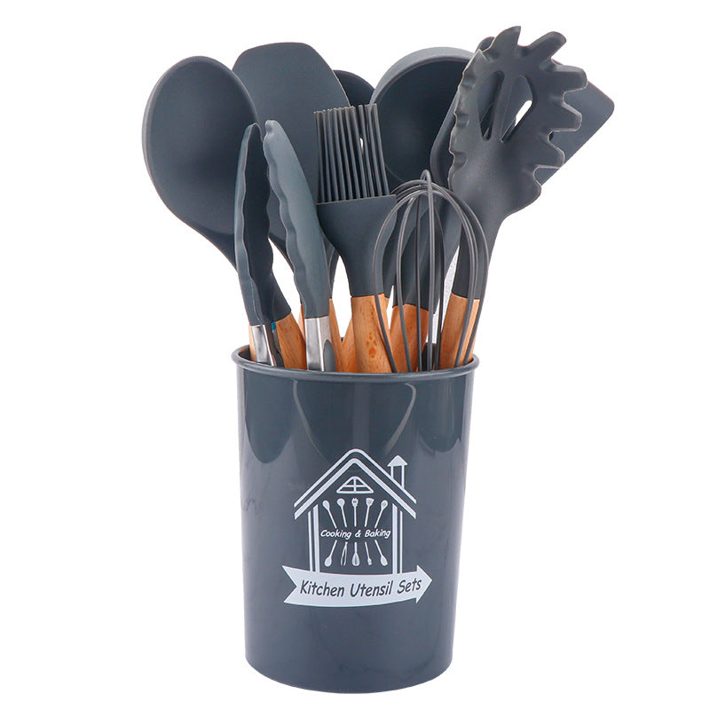 Storage barreled wooden handle silicone kitchen utensils 11 sets of silicone kitchen utensils set non-stick pot spatula spoon set