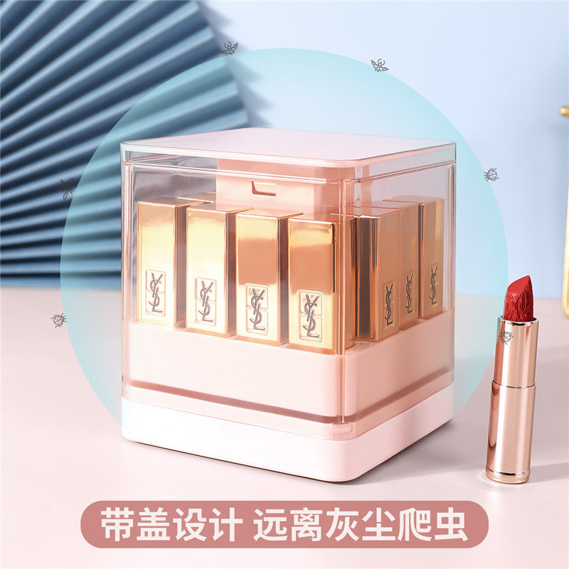 Desktop plastic transparent lipstick box Press-and-lift compartment lipstick holder Dust-proof belt cover lipstick storage box