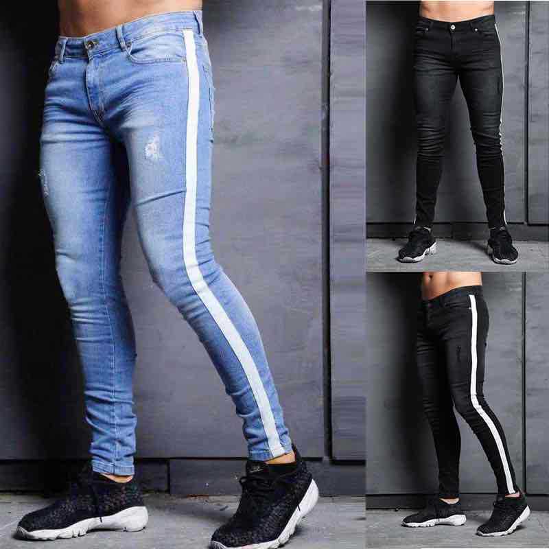 European and American fashion small-footed jeans men new trendy knee-holes explosive denim small-footed pants