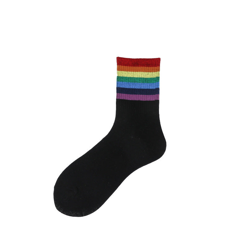 Socks female spring rainbow socks ladies simple medium tube cotton socks fresh striped cotton stockings