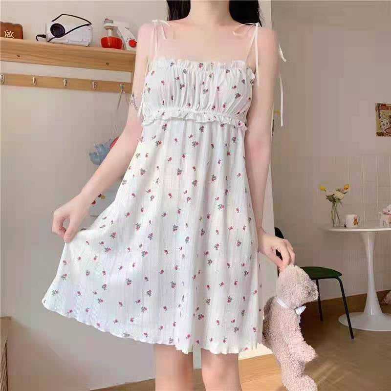 New pastoral style floral suspender dress girl sweet sexy tube top nightdress gentle temperament waist pajamas