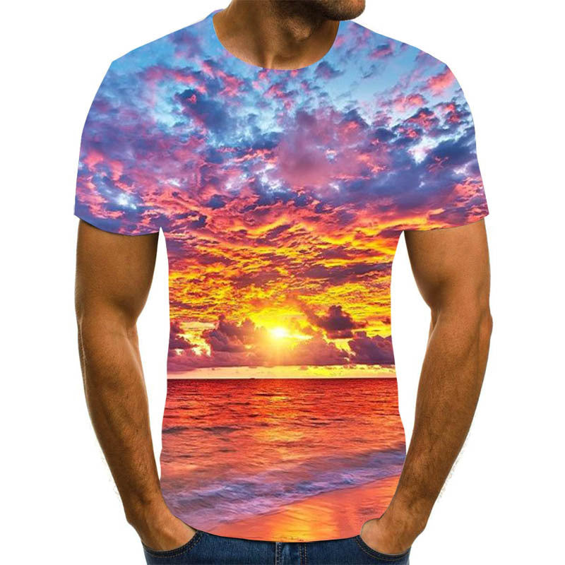 European and American cross-border new couple printing T-shirts, beautiful scenery 3D digital printing men's short sleeves