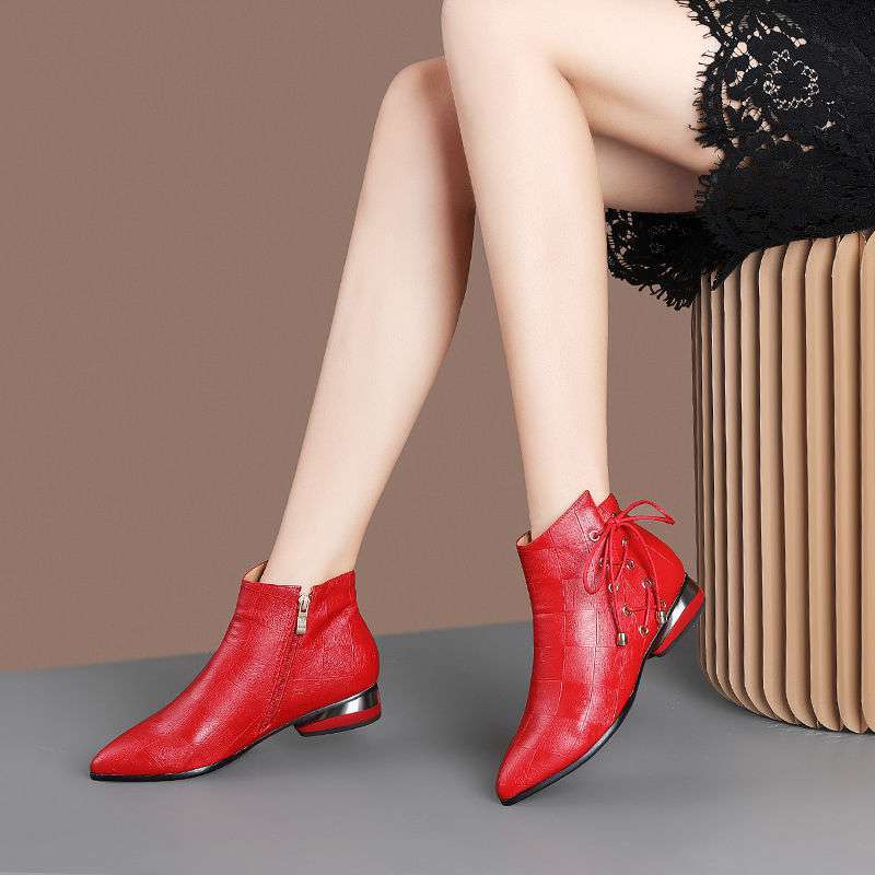 British short boots women's low-heeled flat Martin boots fleece short boots side zipper casual and nude pointed boots