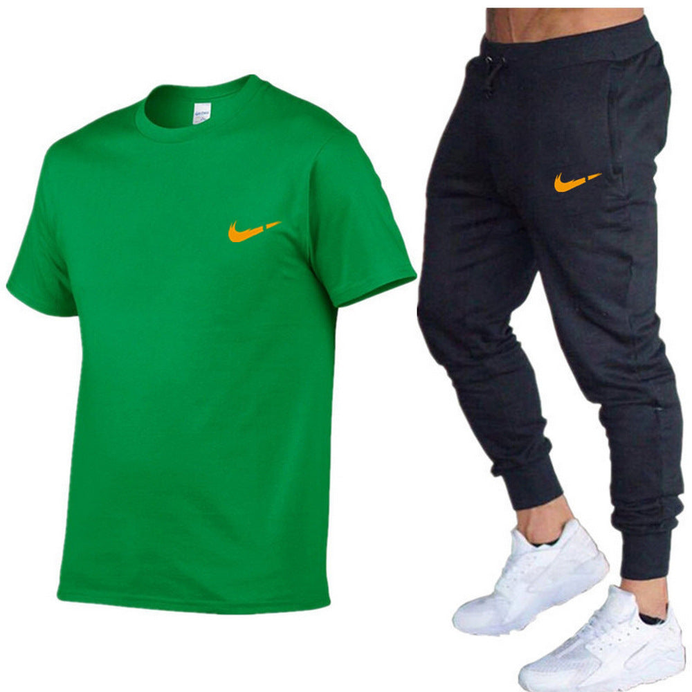 European and American men's running casual short-sleeved T-shirt + sports trousers two-piece jogging suit