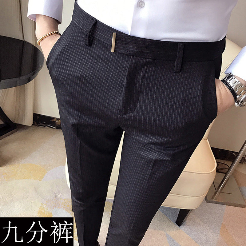 Men's Slim Pants Korean Style Fashion Casual Drape Summer Thin Nine Striped Suit Pants