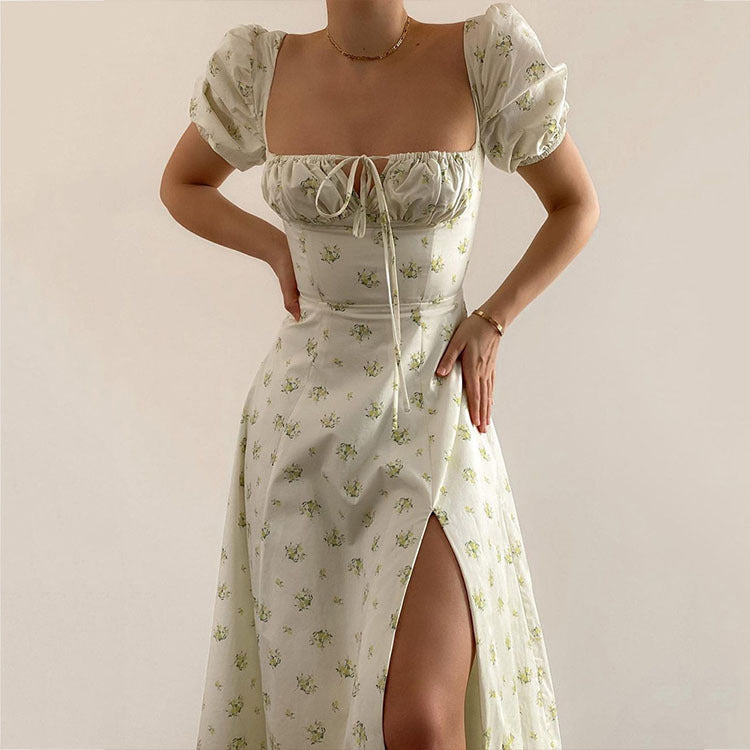 European and American cross-border square tie irregular sexy floral dress