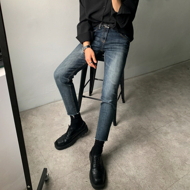 MYQ men's autumn new nine-point jeans Korean version of the trend of self-cultivation feet trousers casual tide brand 9-point pants