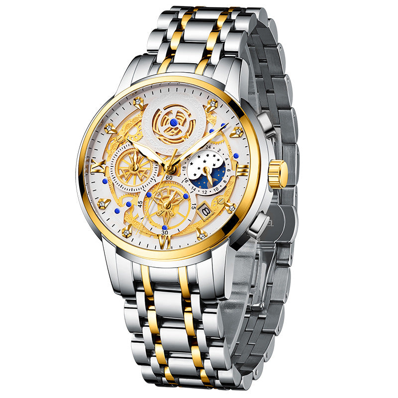 Popular watch men's stainless steel multi-function quartz watch non-mechanical watch watch hollow carved men's watch