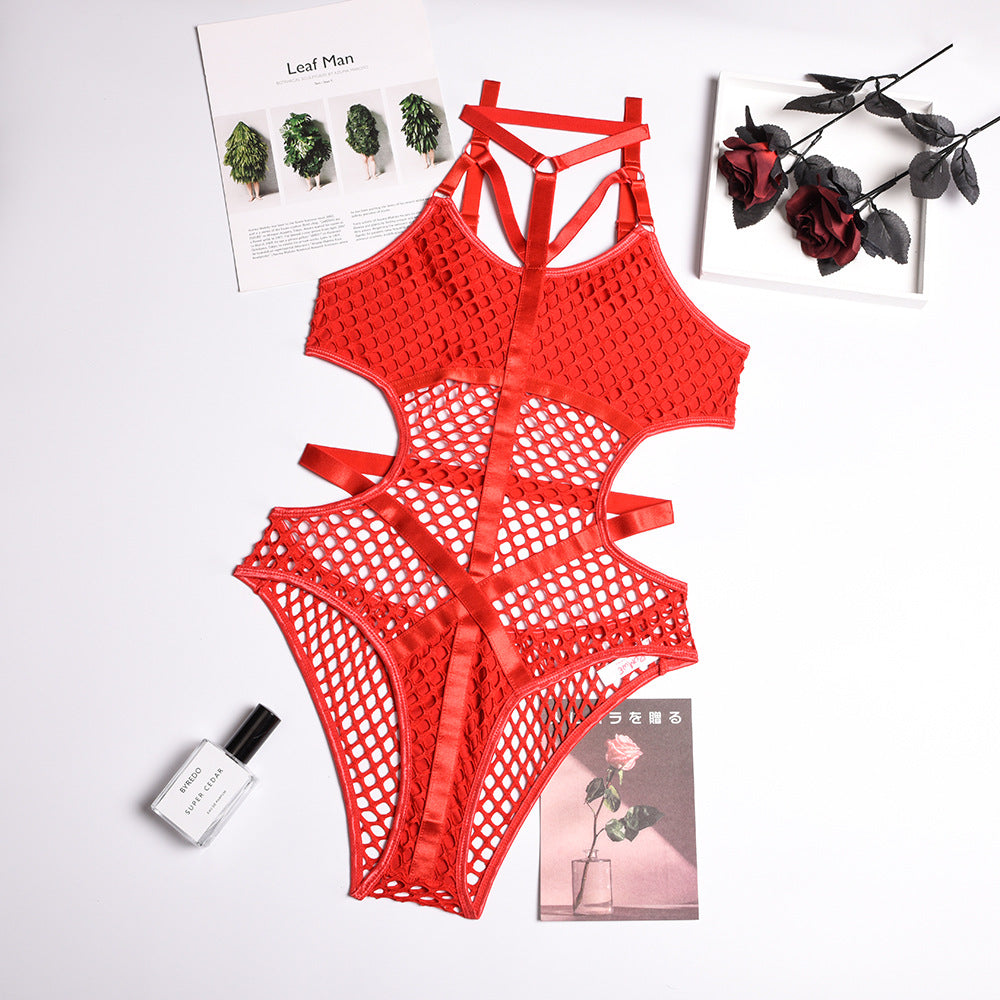 Hot style hanging neck sexy underwear one-piece suit spring and summer large mesh stitching heavy crafts